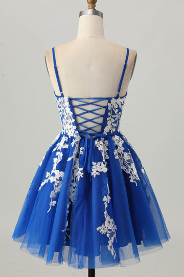 Royal Blue A-Line Spaghetti Straps Tulle Short Homecoming Dress with Lace Up Back